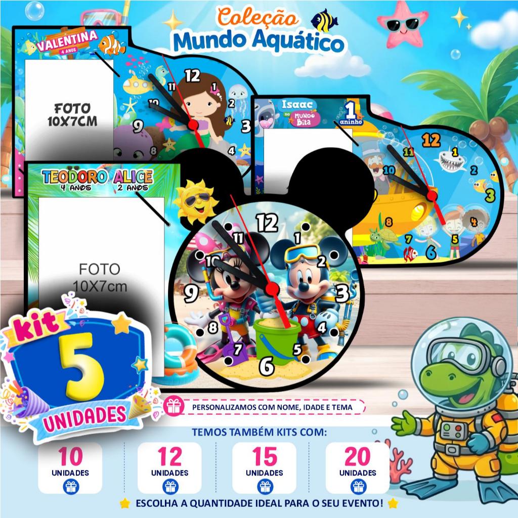 Centro de Mesa Relógio + Porta Retrato Personalizado - Bita Fundo do Mar • Sereia • Mickey Pool Party • Mickey Praia