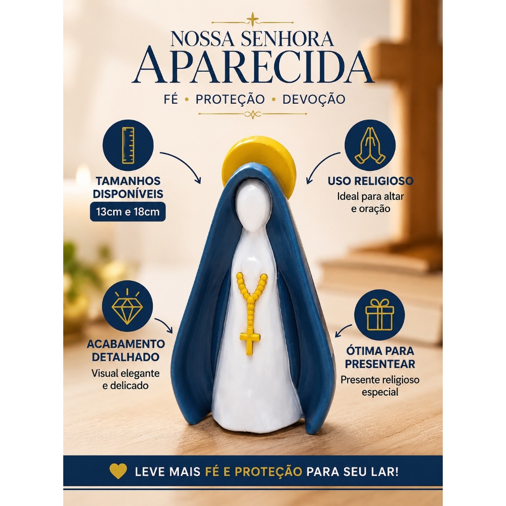 Nossa Senhora Aparecida Imagem Religiosa Católica 13cm e 18cm Decoração Religiosa para Altar