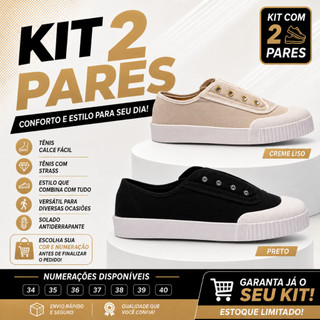Kit 2 Tênis Feminino Slip on Casual Slipon Lançamento Sola Reta Biqueira Borracha Strass Sem Cadarço