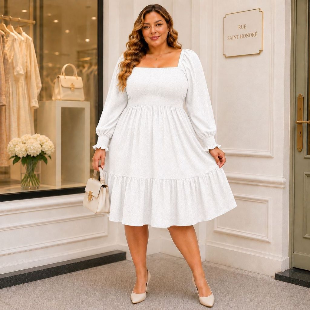 Vestido curto plus size estilo chic e elegante cores lisas para festas formatura modelo três marias com mangas