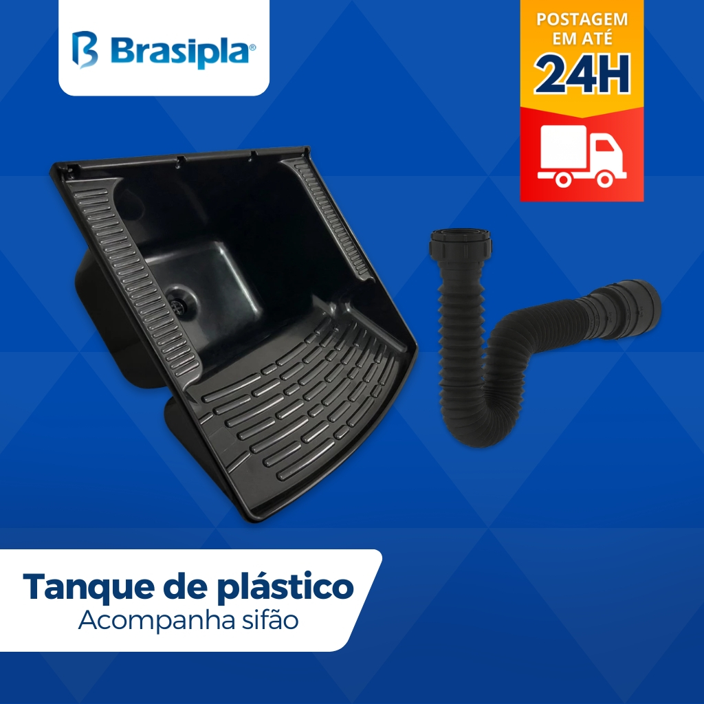 Tanque Plástico Lavanderia Preto 28 Litros Lavar Roupa + Sifão Brasipla
