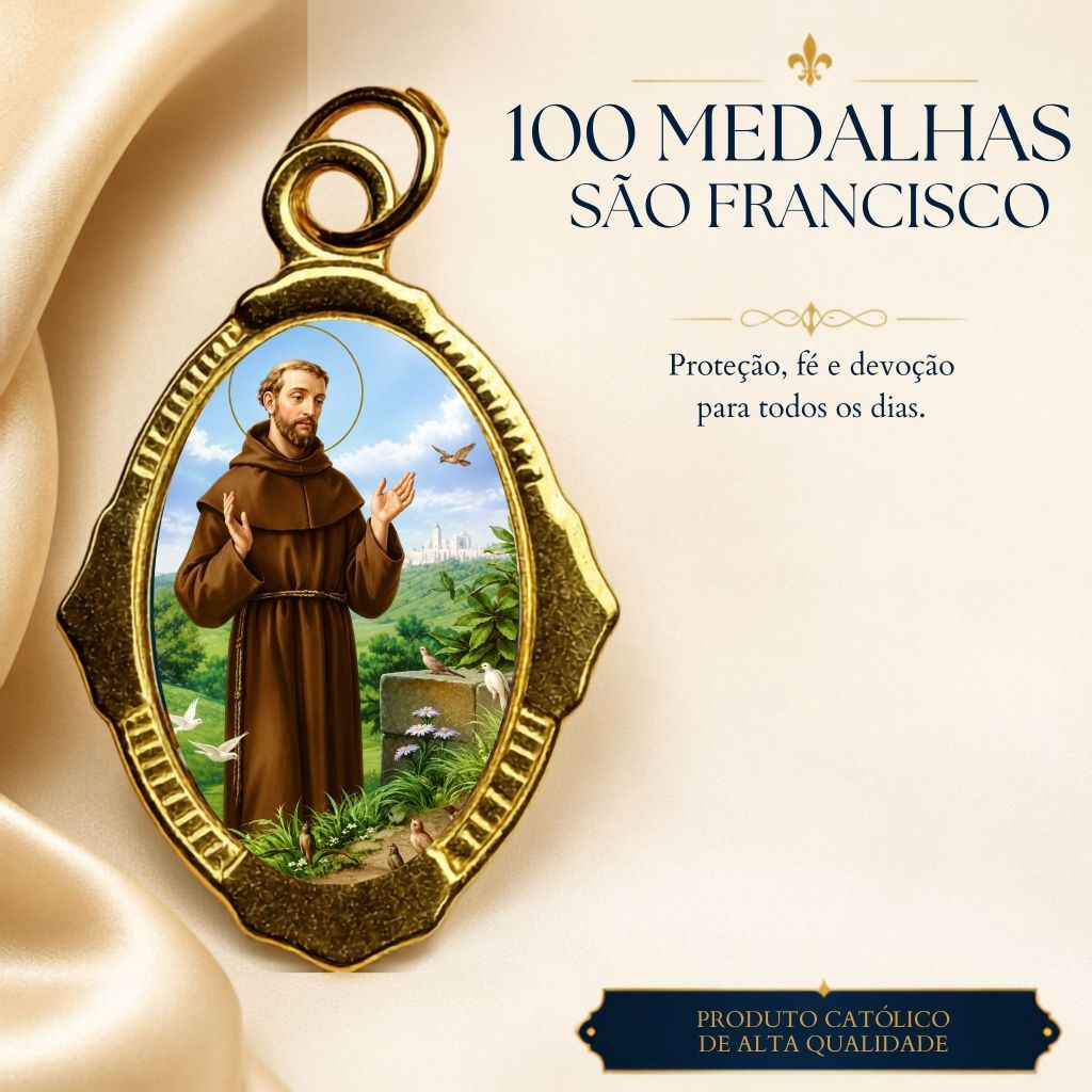 100 Medalhas de São Francisco de Assis Douradas — Católica, Padroeiro dos Animais, Artigos Religiosos, Lembrancinha Atac