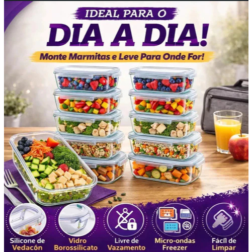 Kit 2/3 Potes 640ml Vidro 4 Travas Marmita Hermético