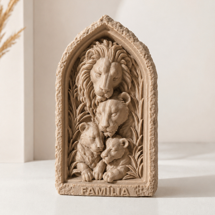 Escultura Família de Leões Decorativa | Quadro Leão Família Alto Relevo | Decoração Sala Quarto Escritór