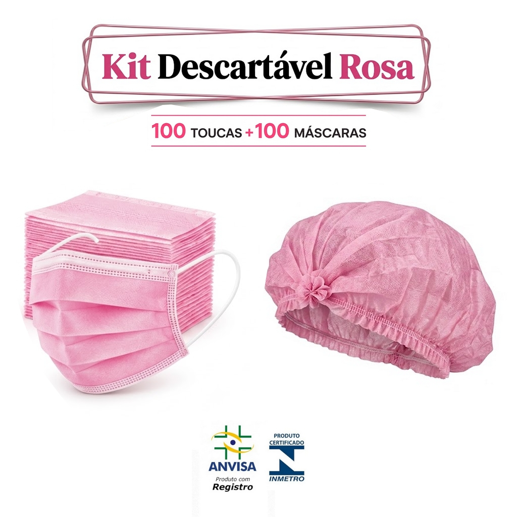 Kit 100 Touca + Máscara Rosa Descartável TNT com ANVISA