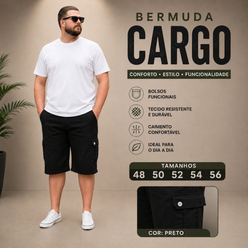 Bermuda Cargo Masculina Plus Size De Sarja Na Cor Verde Militar 48 ao 56