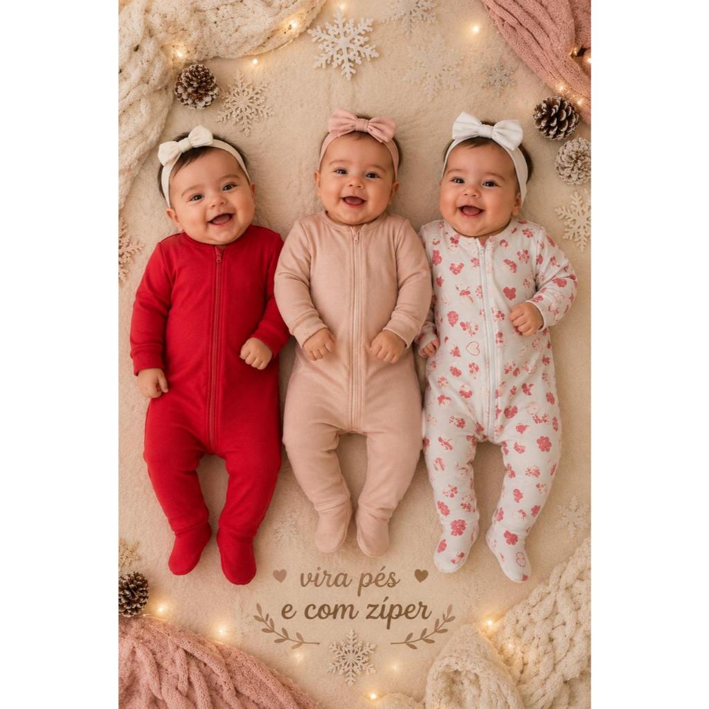 Detalhes do kit Com tres Macacao Manga Longa Menina ou Bebe Menino