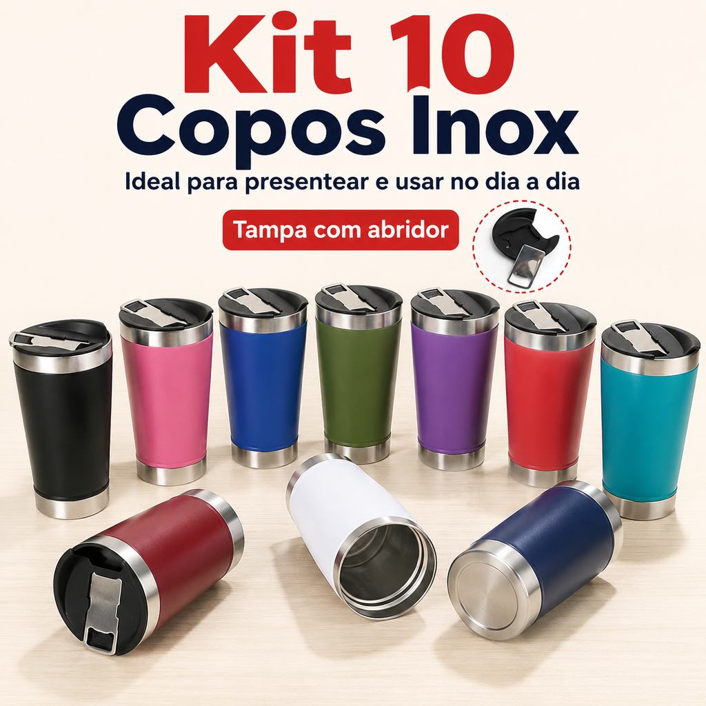 Kit 10 Copos Térmicos 473ml Inox Com Tampa E Abridor Gelada Quente Caneca Em Diversas Cores Fácil de limpar