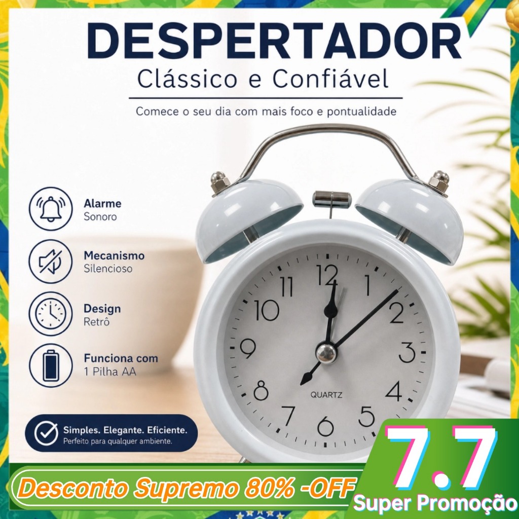 Relógio Despertador Analógico Vintage Silencioso com Sino Duplo Base Antiderrapante Quarto Escritório 634