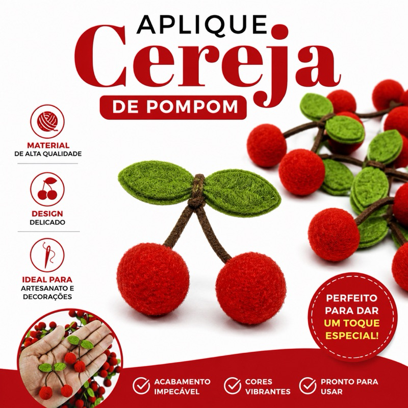 Aplique cereja Pompom 10und e 100und em poliéster