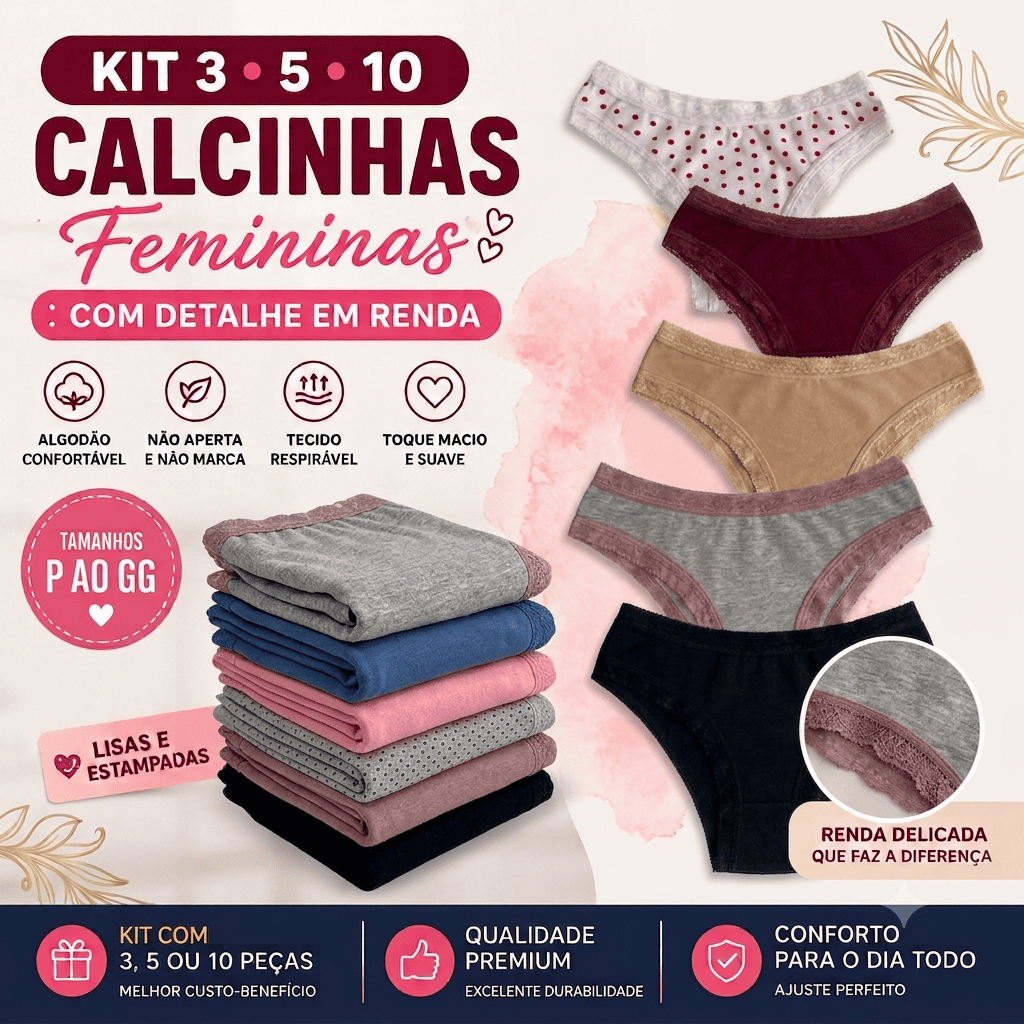 Kit 3 5 ou 10 Calcinhas Femininas Algodão Com Renda Confortável Tanga Lisa e Estampada P ao GG