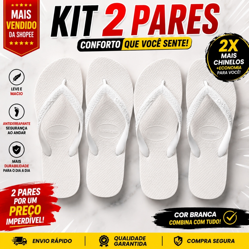 Kit 2 Pares Chinelo Branco Básico Confortável Macio Leve Antiderrapante Praia Piscina Casual Promoção 33 ao 44