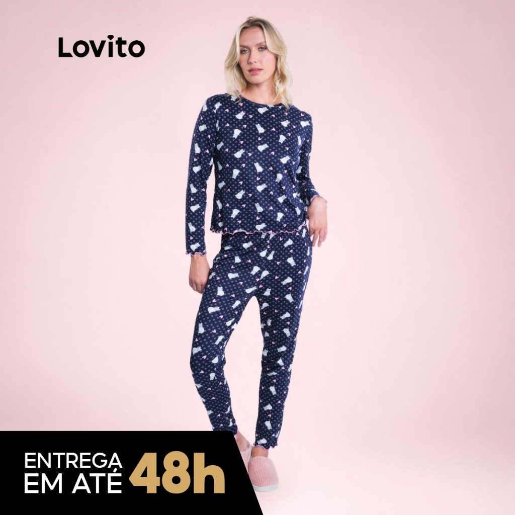 Lovito Conjunto de Pijama Feminino Longo Estampa Gatinhos PJB16011631