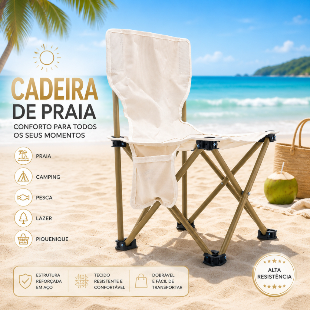 Cadeira Dobrável Camping Praia Pesca Portátil Reforçada Compacta com Bolso Lateral 3 Tamanhos