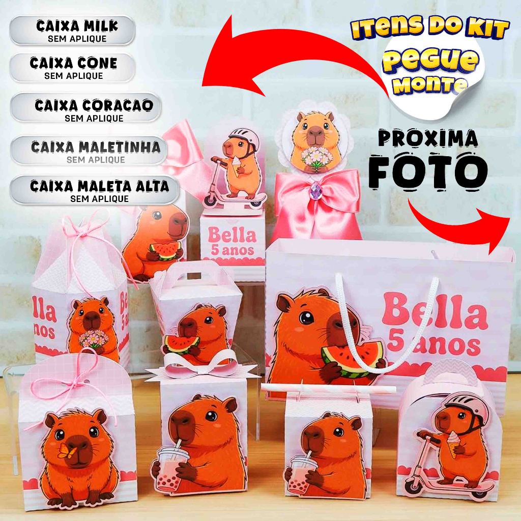 KIT Caixinha CAPIVARA ROSA - Caixinhas para decoração e lembrancinha de aniversário - PEGUE E MONTE