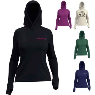 Camiseta de Pesca Feminina com Proteção UV Poliamida Estampada Mar Negro com Capuz