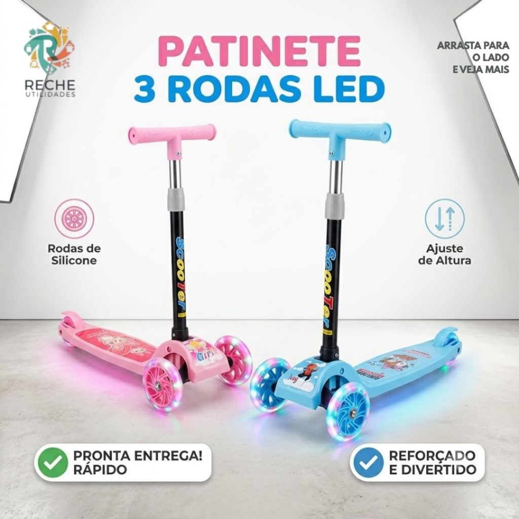 Patinete infantil 3 rodas com luz led dobrável e ajustável brinquedo presente para crianças menino menina