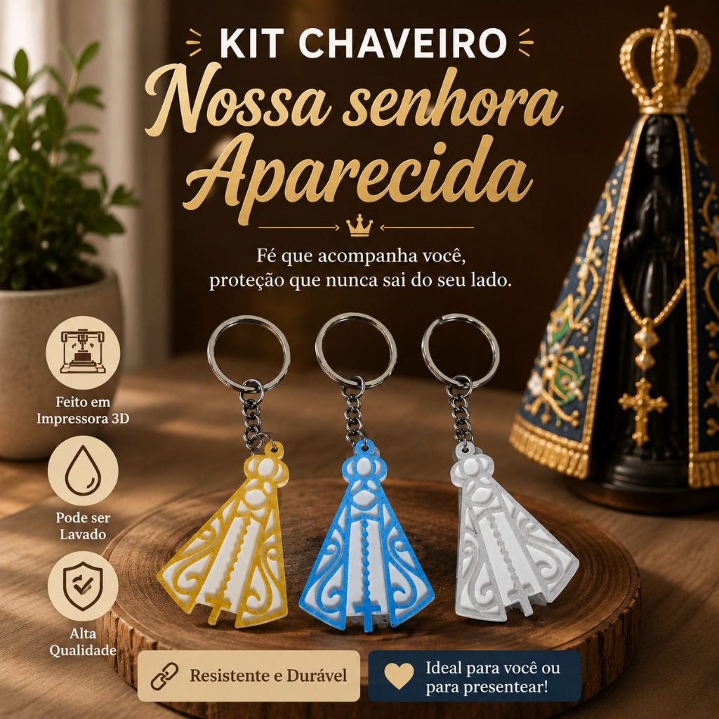 Kit C/10/20/30 Chaveiros Nossa Senhora Aparecida Impressão 3D Presente Religioso Católico Decoração