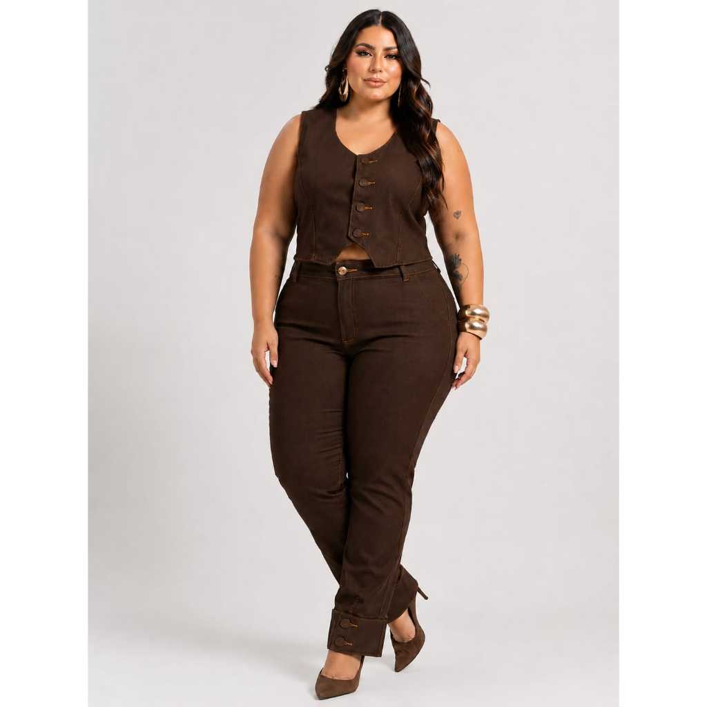 Conjunto Jeans Plus Size Calça E Colete Com Lycra