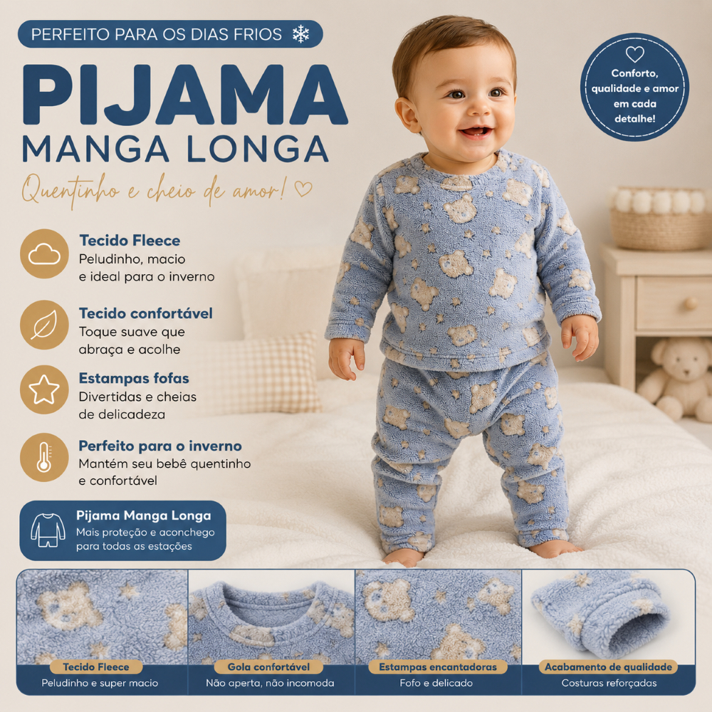 Pijama Bebê Infantil Menino Menina Manga Longa Fleece Quentinho Inverno