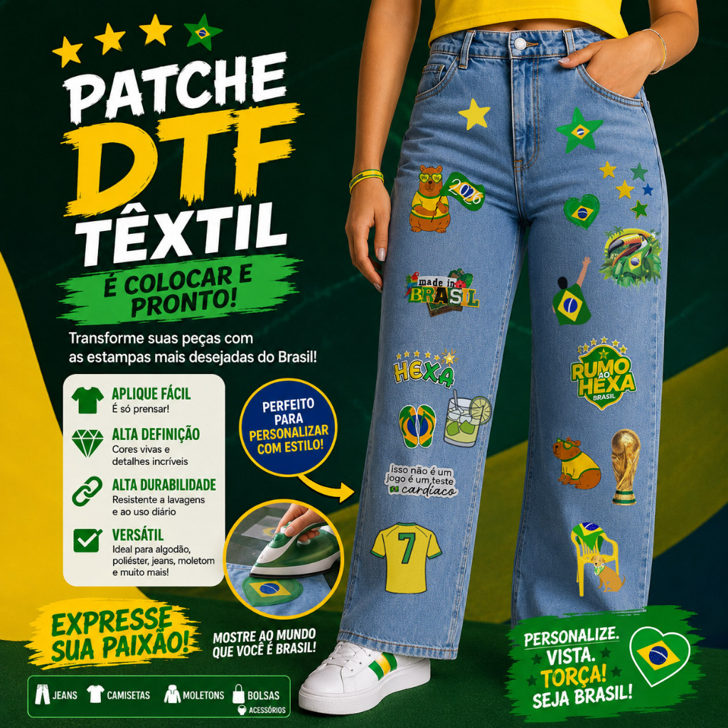Adesivo DTF Copa do Mundo BRASIL - Cartela  | Termocolante Calça Jaqueta Camisa Pronto para Estampar