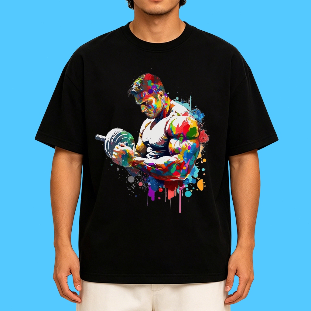 Camiseta Masculina Oversized 100% Algodão Estampa Bodybuilder Musculação Arte Colorida Térmica Academia Plus Size