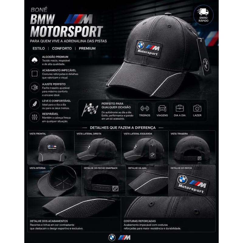 BONE ESTILO MOTORSPORT PREMIUM PRETO SÍMBOLO EMBORRACHADO BMW