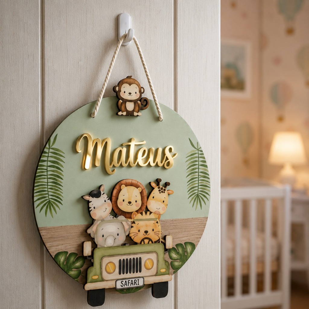 Enfeite Porta Maternidade Safari Personalizado com Nome | MDF Decoração Quadro Bebê + Brinde