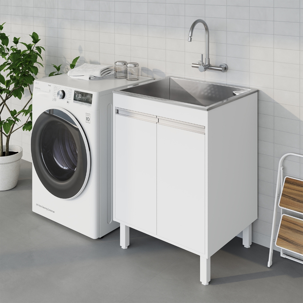 Tanque De Inox 46L Lavar Roupas Lavanderia Com Gabinete Armário MDF 60cm Entregue Montado