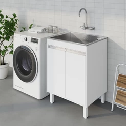 Tanque De Inox 46L Lavar Roupas Lavanderia Com Gabinete Armário MDF 60cm Entregue Montado