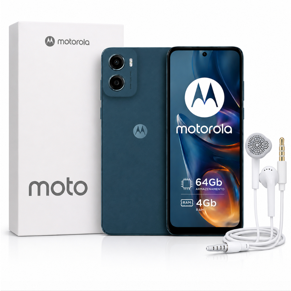 Kit Smartphone Moto E15 - G06- 64GB 4GB RAM Tela Grande Bateria 5000mAh Dual Chip + Fone de Ouvido