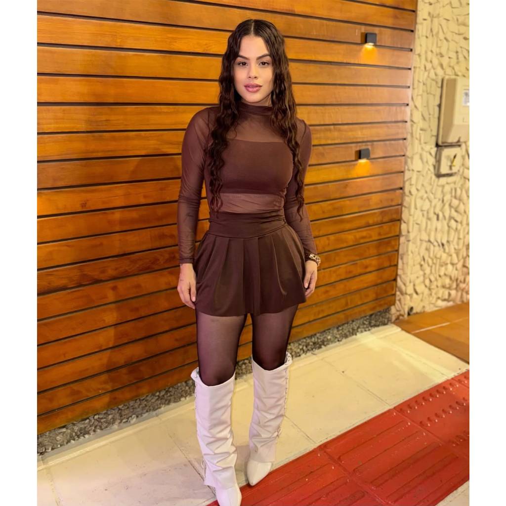 ￼Short Saia Feminino Cintura Alta Suplex Rodado Plissado Moda Blogueira Verão