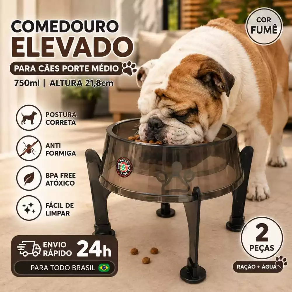 Comedouro Elevado 750ml Para Cães Porte Médio 21,8cm Anti Formiga BPA Free Fumê Postura Correta