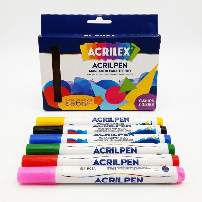 Caneta Tecido Acrilpen Acrilex Kit 6 Cores Fashion Colors Marcador Permanente