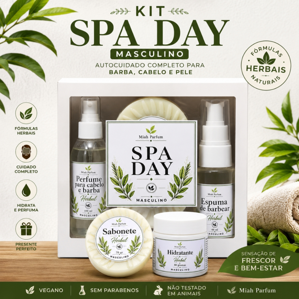 Kit Spa Day Masculino 4 Itens Barba Cabelo Pele Presente Masculino Herbal Completo