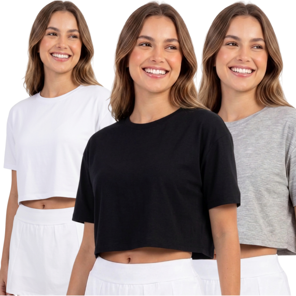 Kit 3 ou 1 Camiseta Cropped Feminino manga curta Oversized Academia Malha Premium 100% 30/1 Algodão