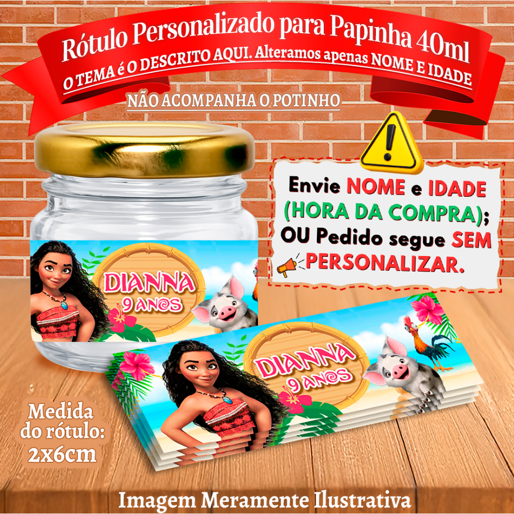 Rótulos Adesivos Personalizados Moana Jovem Baby para Papinha 40ml 40g