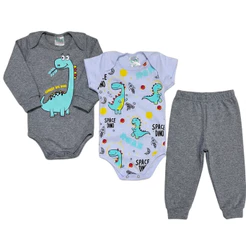 Kit body 3 Peças Bebê com 2 Body 1 Calça Mijão Roupa Algodão Manga Longa Menino Tamanho RN P M G GG