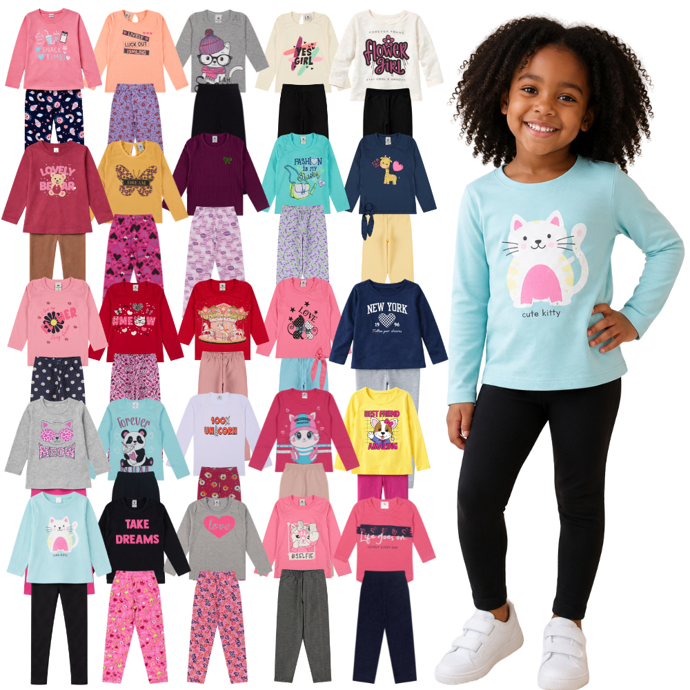 Kit 4 Peças Conjunto Meia Estação Menina do Tamanho 1 a 10 Anos | Blusa + Calça Legging  Infantil | Envio Sortido