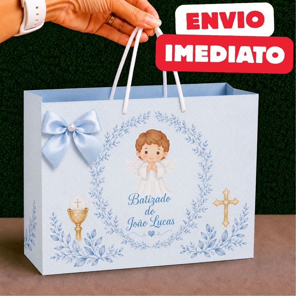 Sacolinha Surpresa Batizado Eucaristia Menino Azul | Personalizada Bolsinha | Lembrancinha Festa