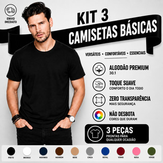 Kit Camisetas Masculinas 3 Peças de Algodão Básicas Lisas Slim Pretas