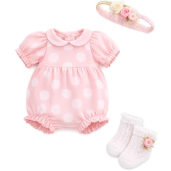 Kit Roupinha DU ROSA POÁ boneca Bebê Reborn prematura 30 a 34cm | Macacão + Body + Faixa de Strass + Meias | Menina