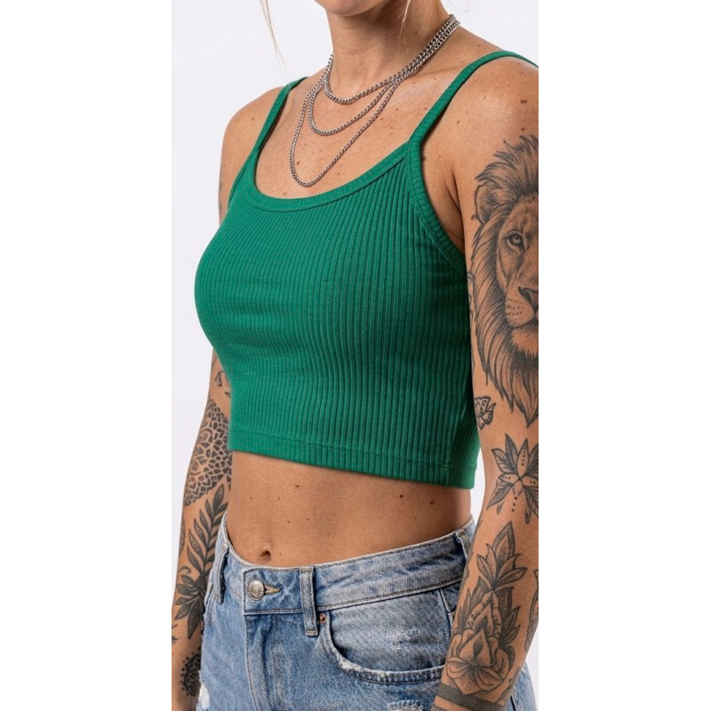 Cropped Feminino Verde Canelado Alça Fina Casual Confortável Tendência