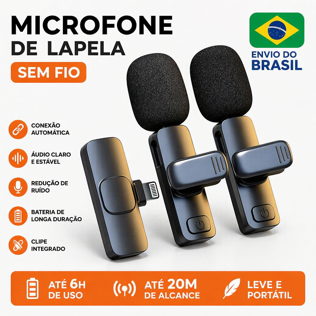 Microfone Sem Fio Lapela Para Celular Tipo C e Lightning Gravação Áudio