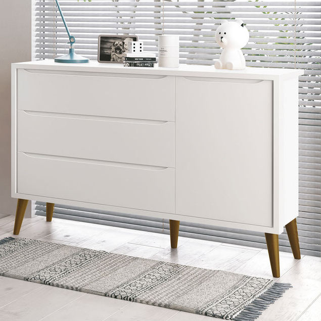 Cômoda Sapateira Organizadora Théo New Moderno 3 Portas Branco Fosco com Madeira - MoveisAqui