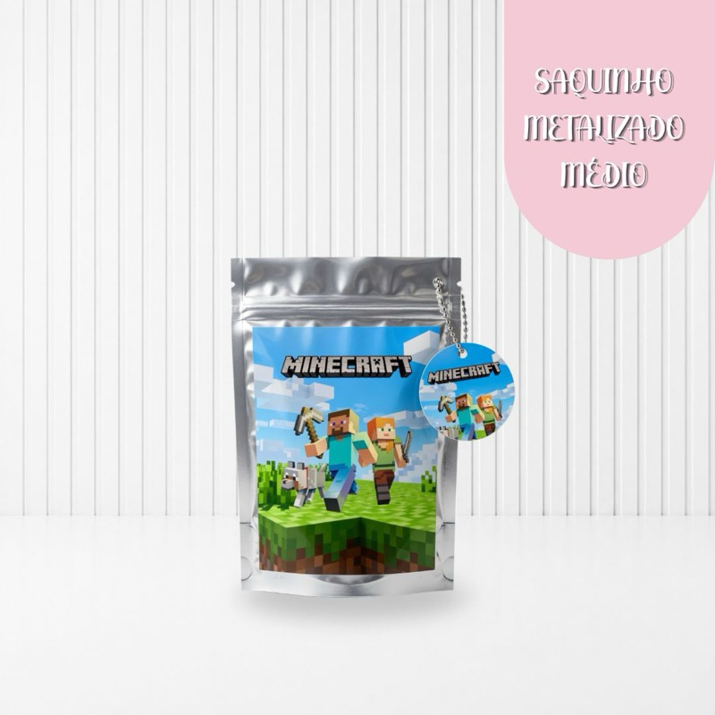 Saquinho Metalizado Minecraft Lembrancinha Personalizada para Festa Aniversário