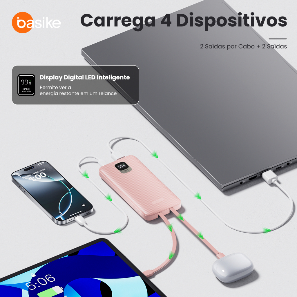 Power Bank Basike 20000mAh com Cabo e Display Digital Rosa — foto 3