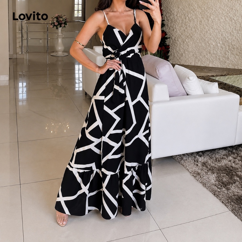 Lovito Vestido Longo Estampa Geométrica DRNS73BX075