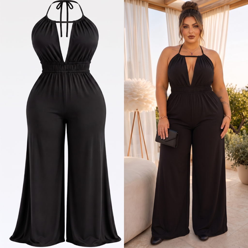 Macacão Feminino Longo Plus Size Elegante Pantalona Plus Slim Luxo Festa Formatura Madrinha Formatura Fim de Ano 46 ao 5