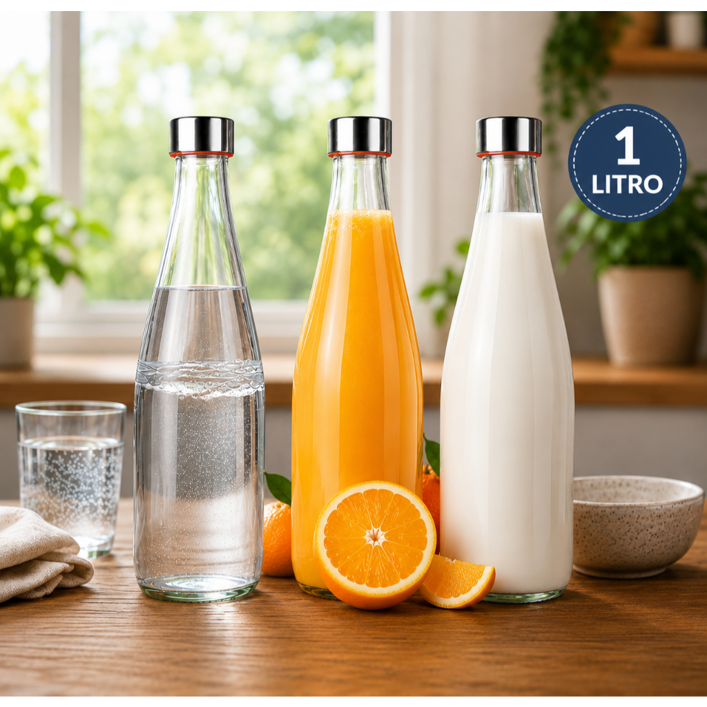 Garrafa de Vidro 1Litro  Hermética  Tampa Inox  Agua Suco Cha Geladeira Transparente Transparente premium Reutilizável